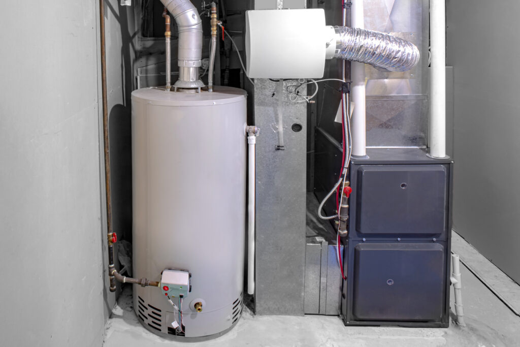 Gas water heater in a home's basement.