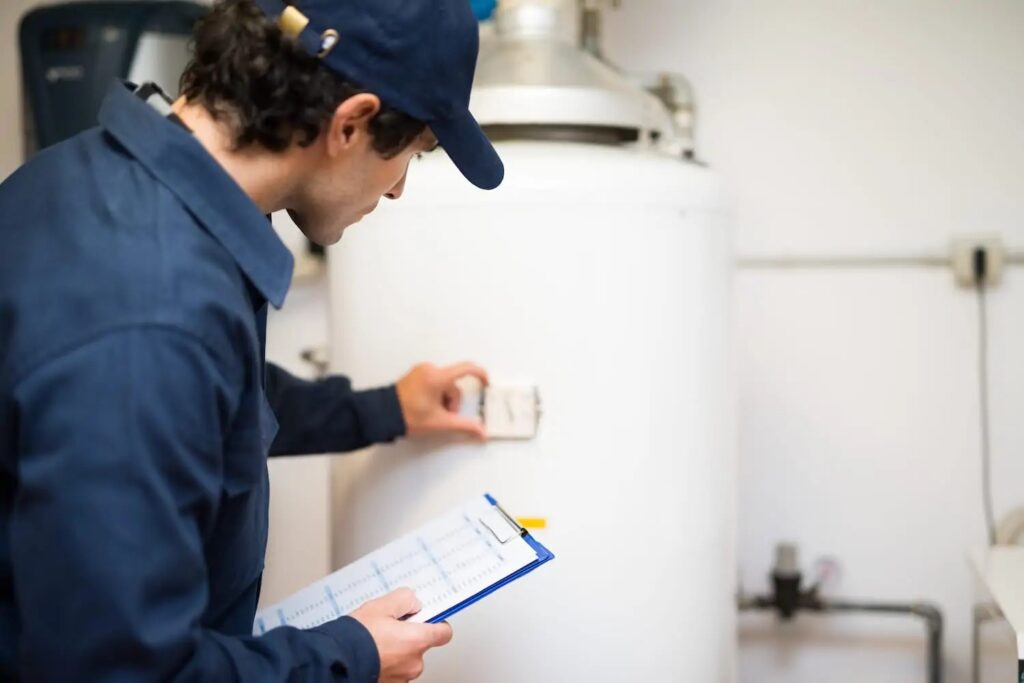 Plumber inspecting a tank water heater in a home.